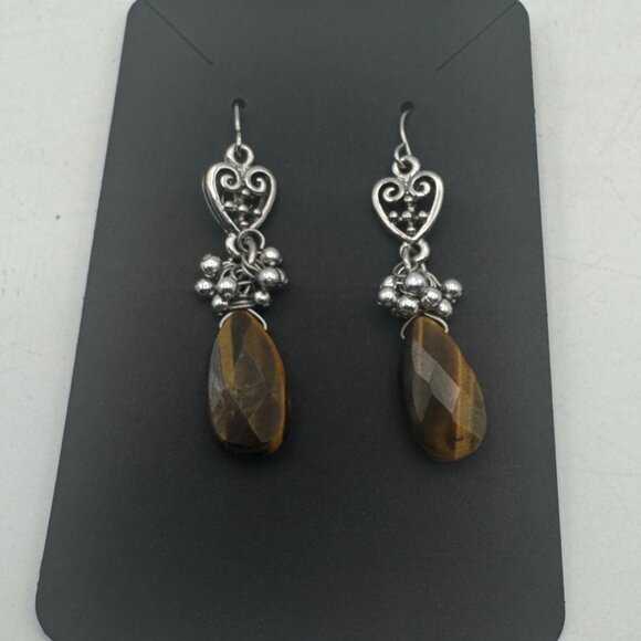 Tiger Eye Gemstone Drop Dangle Earrings Heart Design Silver Plated Handmade - Picture 1 of 3